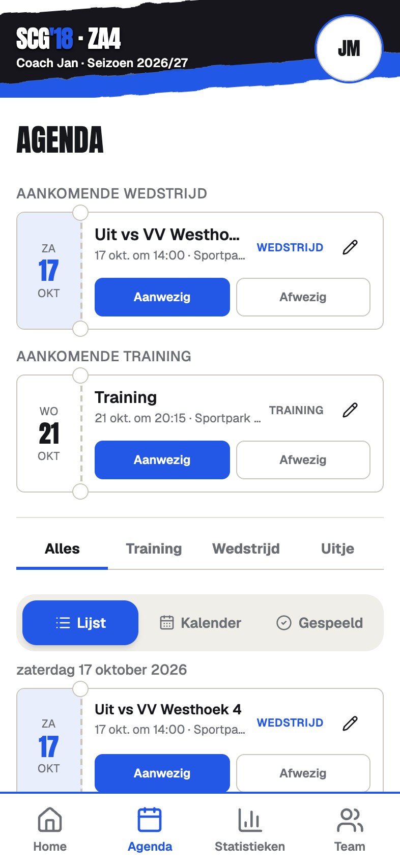 The agenda as a list of trainings and matches with filter chips at the top