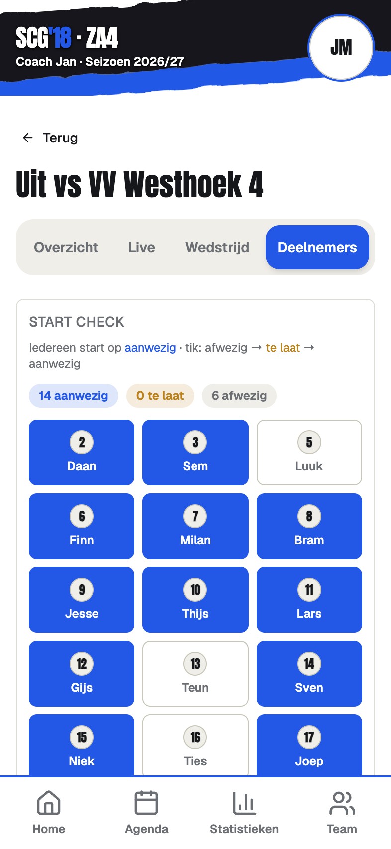 The start check screen for a match with players marked present