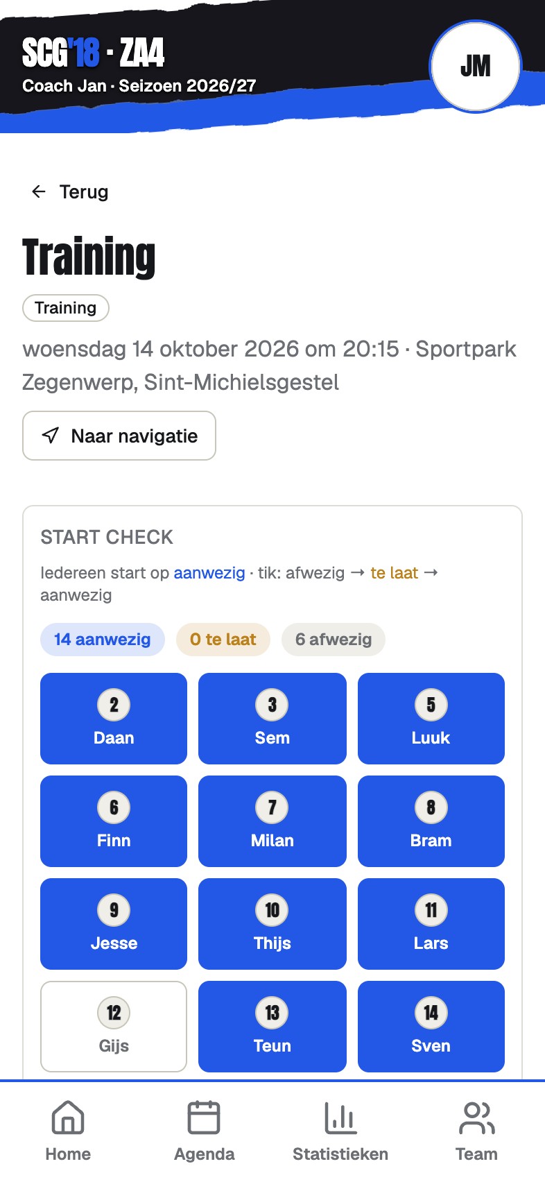 The start check screen for a training, with a button per player