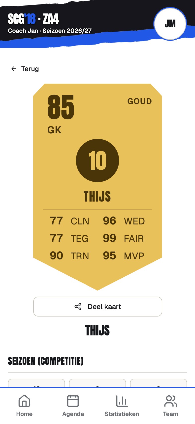 A single player card with a share button underneath