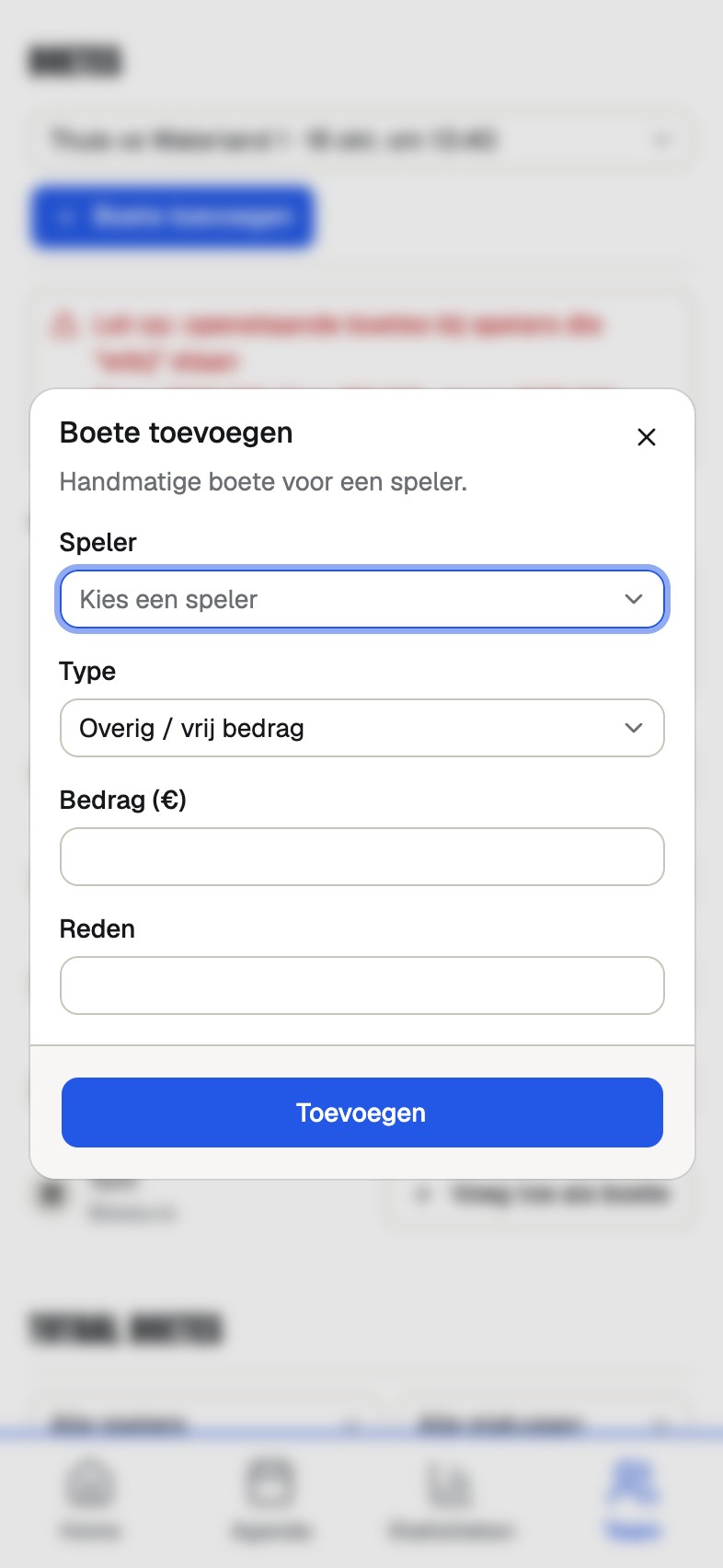A dialog for adding a fine with player, type, amount and reason