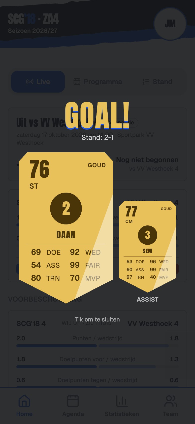 A goal celebration card with the scorer and the new score
