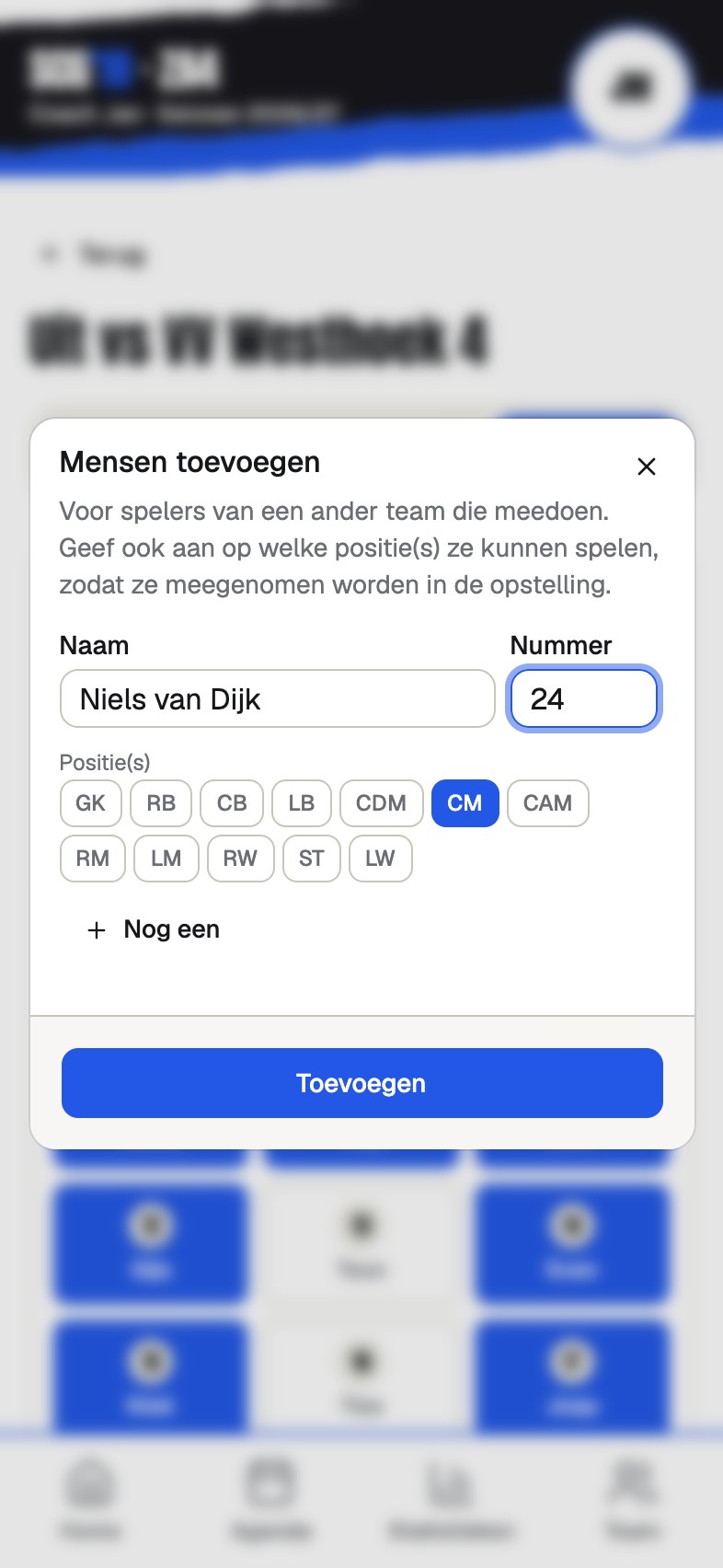 A dialog for adding a guest player with name, number and positions
