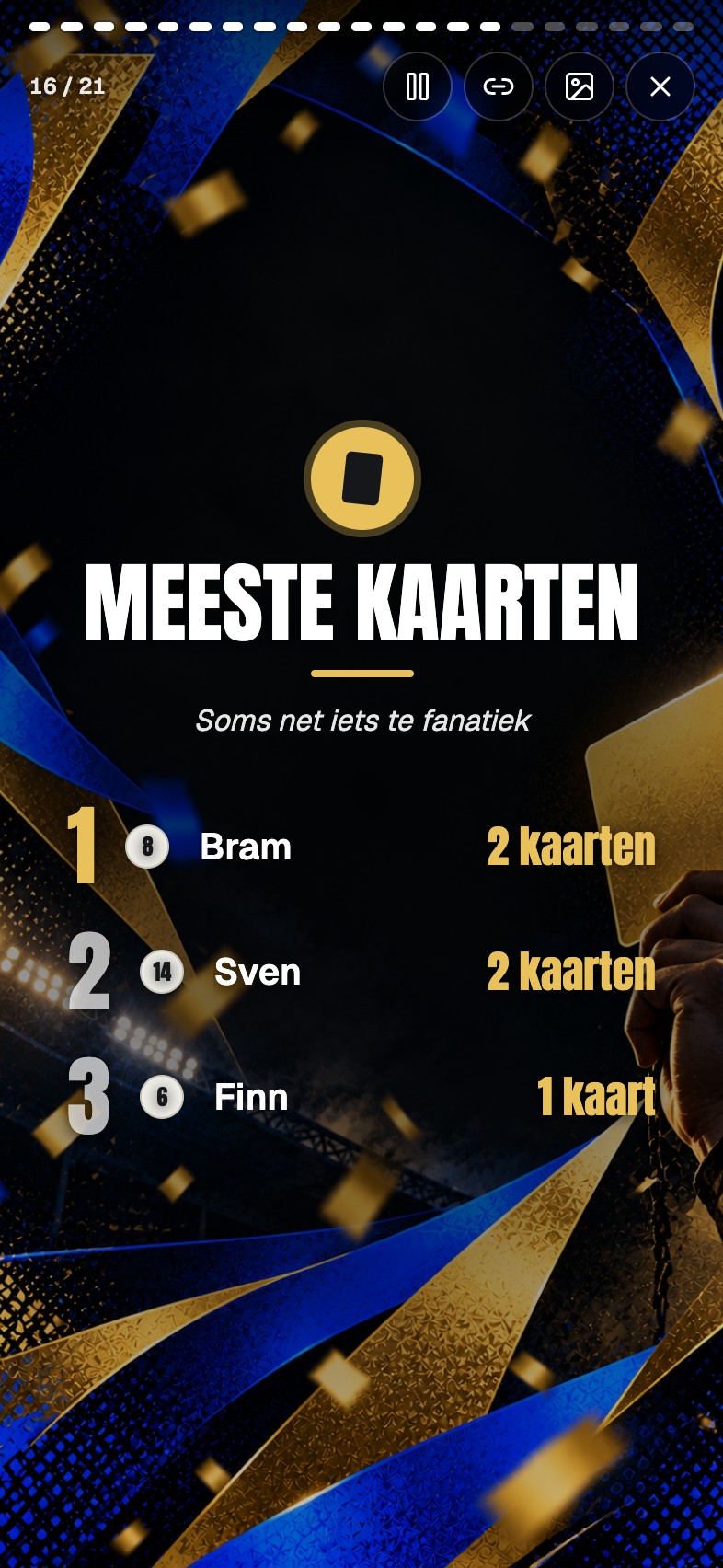 A recap slide with the players with the most cards
