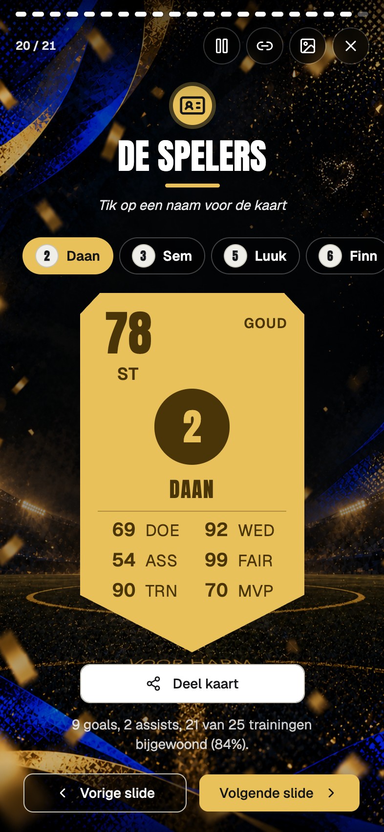 The squad slide with a browsable player card